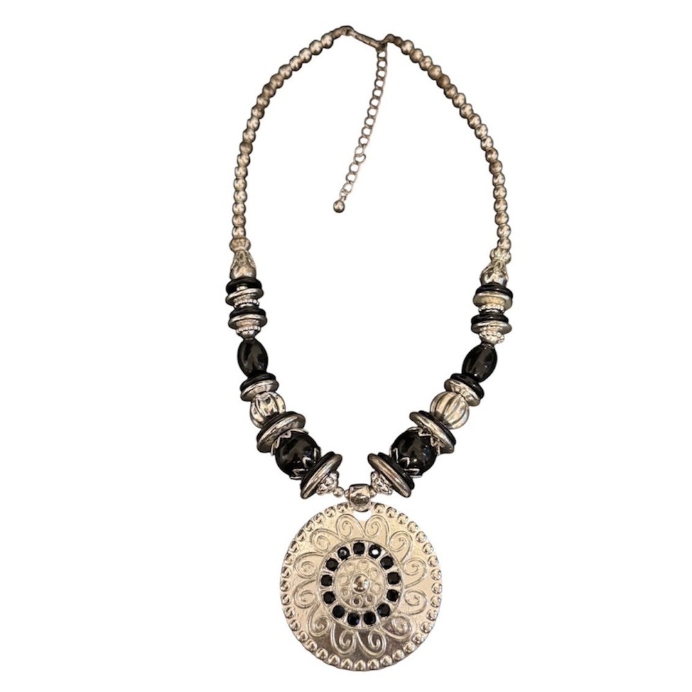 Bohemian Silver Tone Black Bead Medallion Statement Necklace 18.5-21.5 Inch